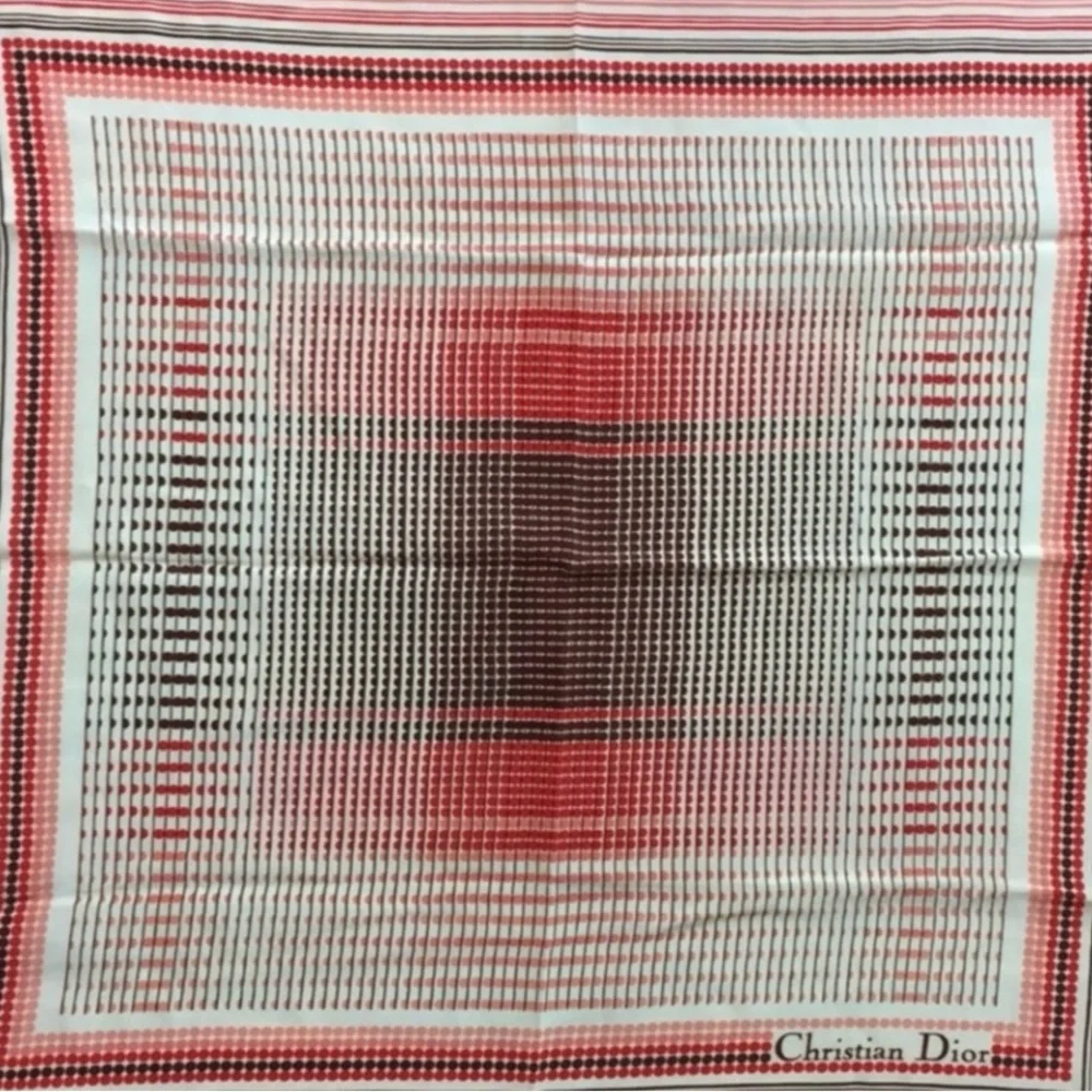 Vintage Christian Dior Red Brown Geometric Polka Dot Silk Square Scarf Luxury